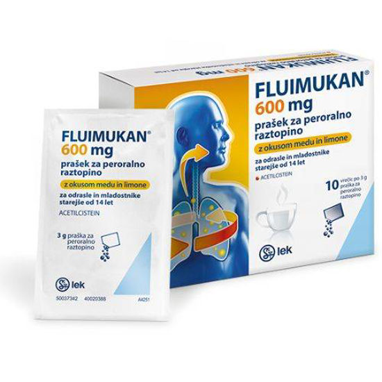 Fluimukan 600 mg prašek za peroralno raztopino, 10x3 g