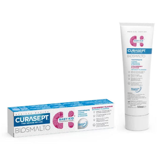Curasept Biosmalto CAE Baby-Kid otroška zobna pasta od 6 mesecev do 6 let, okus jagode ali nežne mete, 50 mL