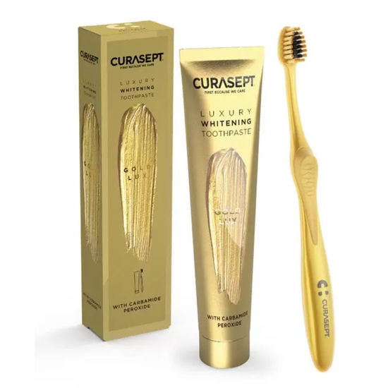 Curasept Gold Lux zobna pasta in zobna ščetka za beljenje zob, 1 set